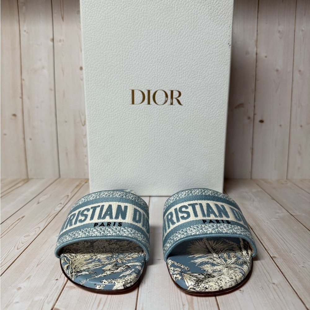 Christian Dior Canvas TDJ Palm Embroidered Dway Slide Sandals Blue Sz 35.5 / 5.5 - Picture 5 of 15